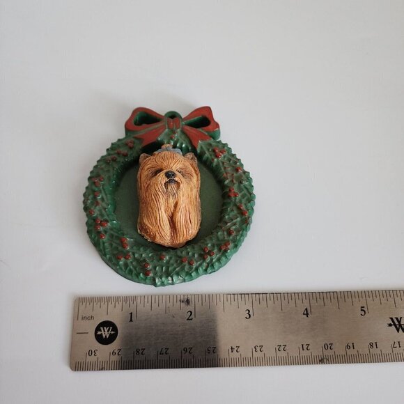 Earl Sherwan Charmstone Yorkie Dog Profile In Wreath Christmas Tree Ornament - Picture 7 of 8